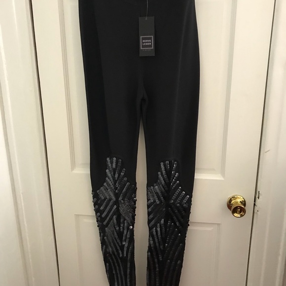Herve léger black sequin foot tights/pants